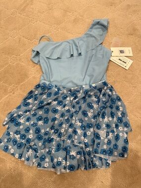 One-Shoulder Light Blue Floral Ruffle swim with Blue and white skirt NWT 12-14